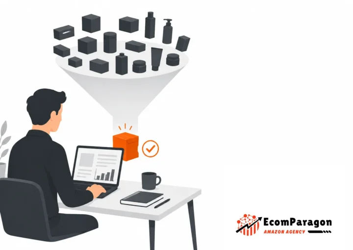 amazon-product-research-validation-hero Illustration of a funnel filtering many product shapes down to one validated product